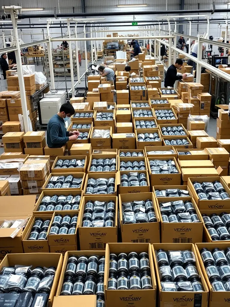 A photo of a large shipment of vape products being prepared for dispatch, emphasizing the capacity for bulk orders. The scene includes workers and packaging materials.