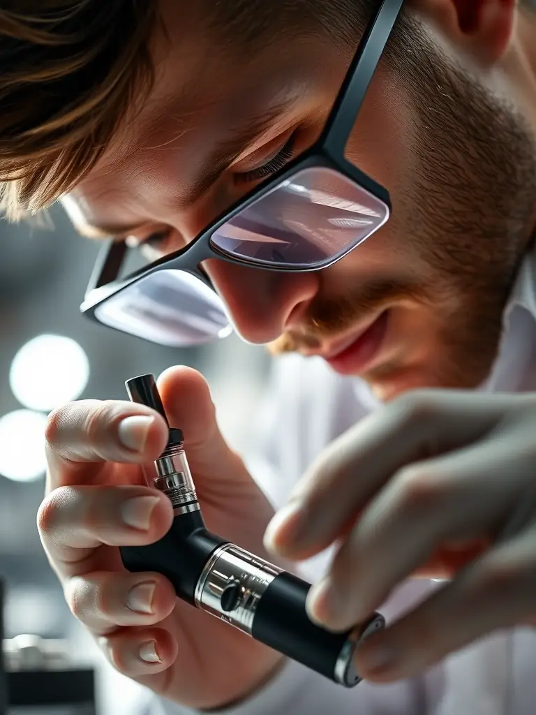 A close-up shot of a vape device undergoing quality control inspection, highlighting the rigorous testing process. A technician is seen carefully examining the device.