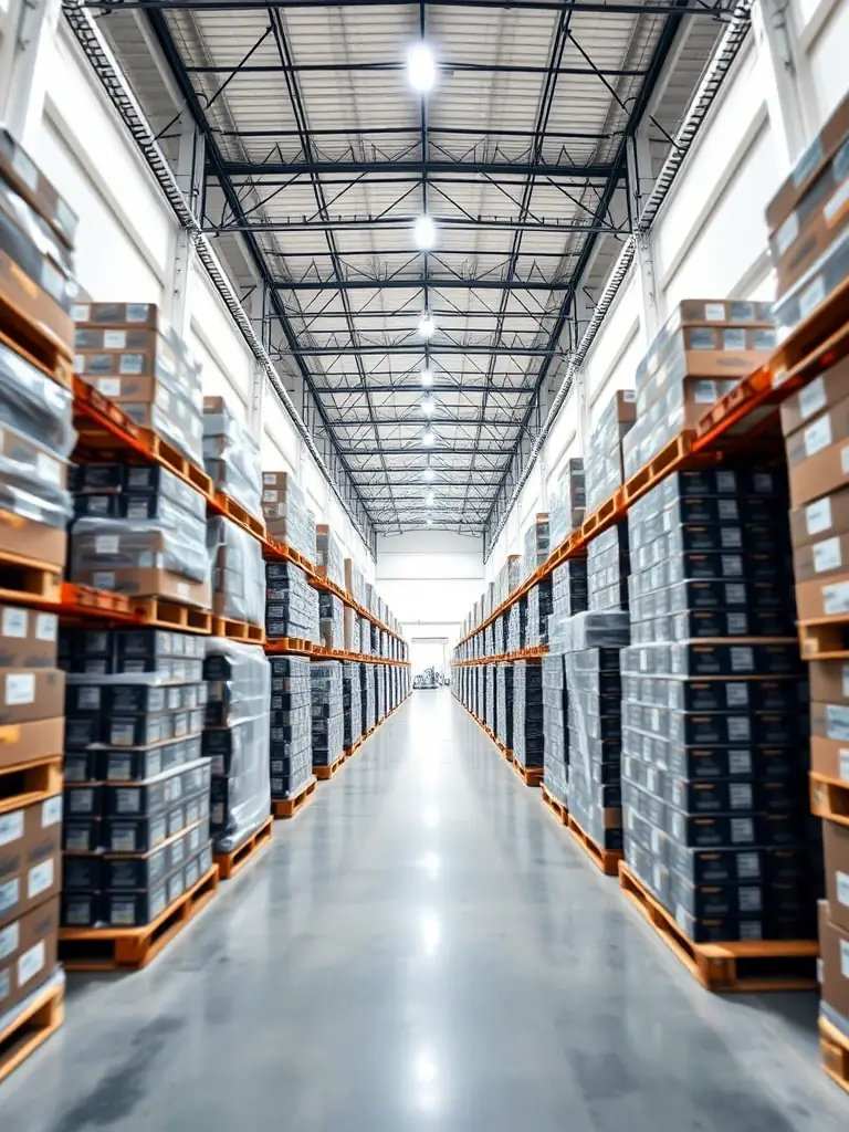 A wide-angle shot of a well-organized warehouse filled with pallets of packaged vape products, ready for shipment. The image conveys the scale and efficiency of China Vape Factory's bulk order fulfillment capabilities.