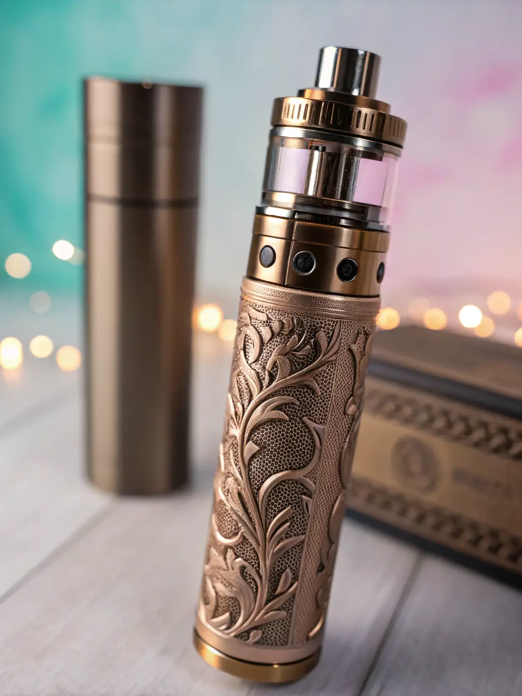 A close-up shot of a vape cartridge with intricate design details, highlighting the precision and quality of China Vape Factory's manufacturing process. The background is blurred to focus on the product.