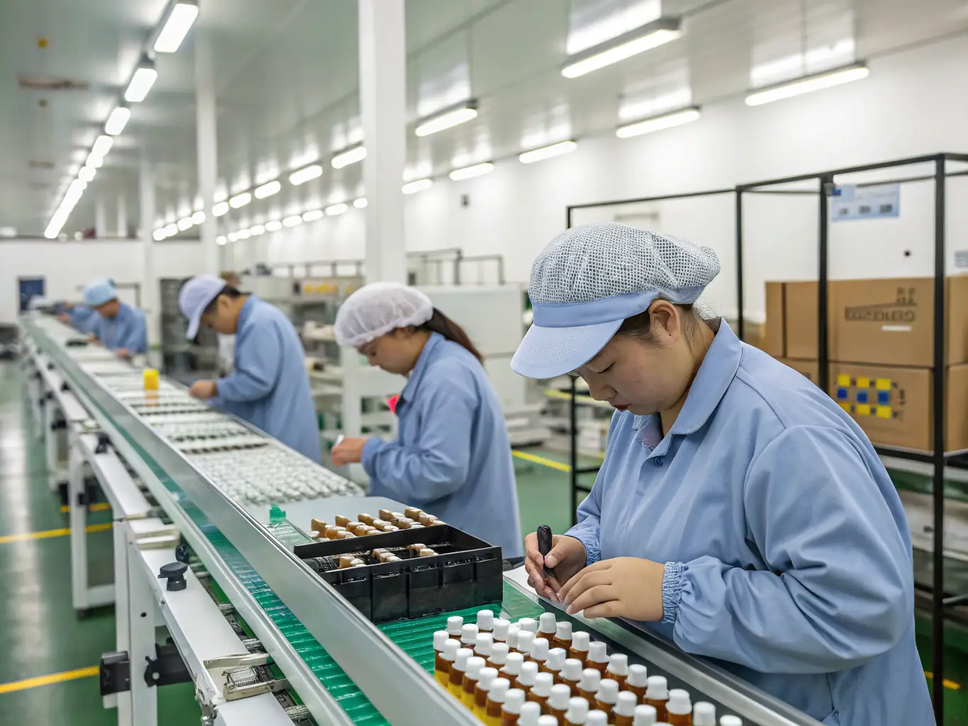 An image depicting a streamlined production line in a vape manufacturing facility, with workers in cleanroom suits overseeing the assembly and quality control processes.