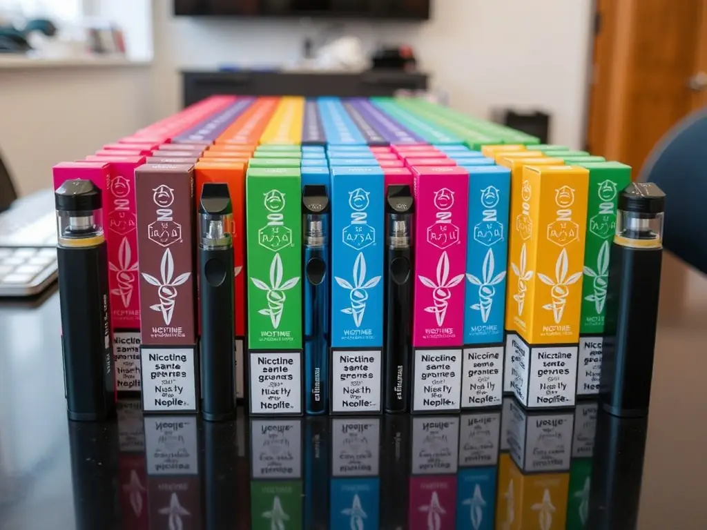 A photo showing a large shipment of vape products being prepared for dispatch, with boxes stacked neatly and labeled with shipping information.